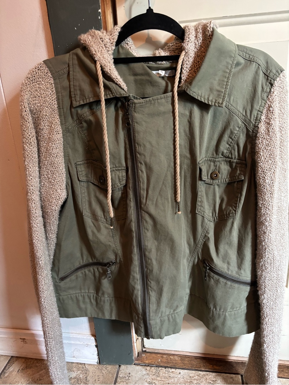 Maurices Olive Green Utility Jacket with Beige Knit Sleeves